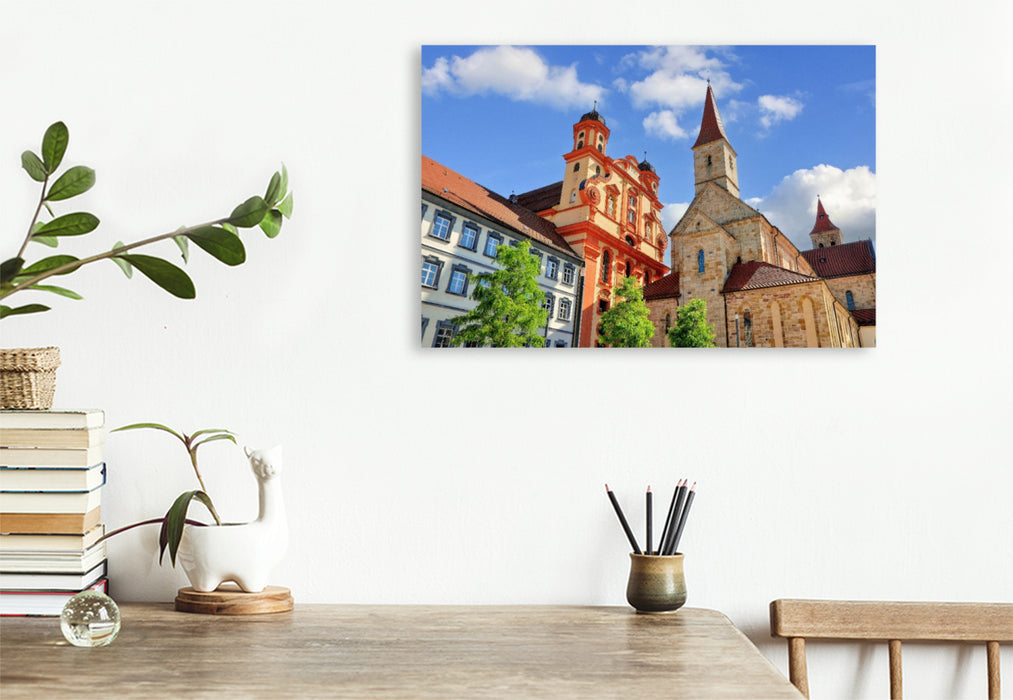 Premium Textil-Leinwand Die barocke Stadtkirche Ellwangen neben der Basilika St. Vitus in Ellwangen, Baden-Würtemberg