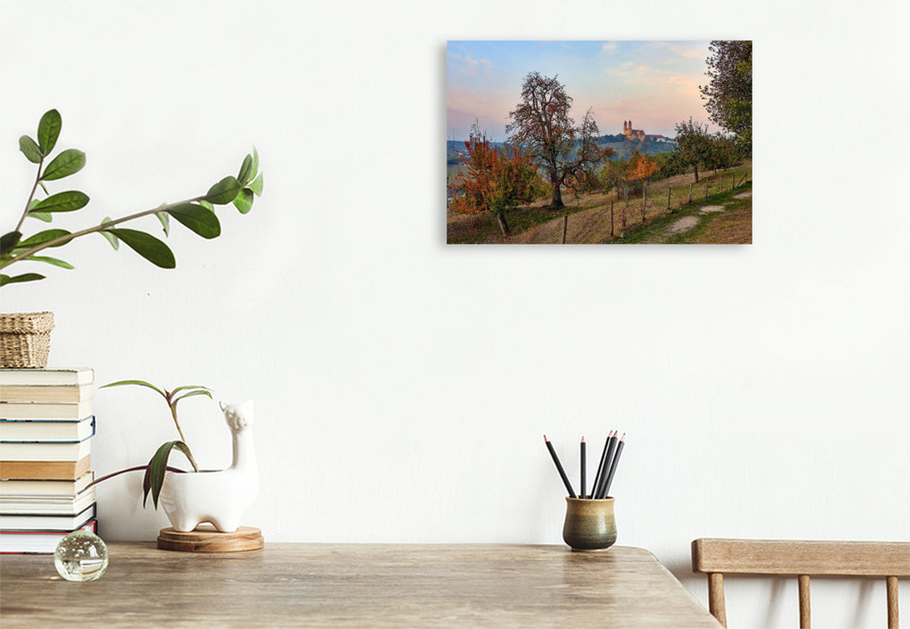 Premium Textil-Leinwand Die Wallfahrtskirche in Ellwangen im Sonnenuntergang, Baden-Württemberg, Deutschland