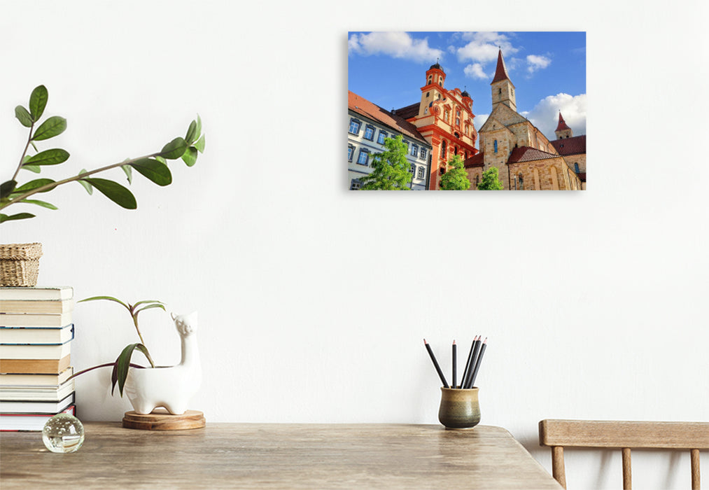 Premium Textil-Leinwand Die barocke Stadtkirche Ellwangen neben der Basilika St. Vitus in Ellwangen, Baden-Würtemberg