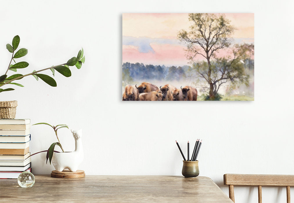 Premium Textil-Leinwand Wisente im Nationalpark Bialowieza