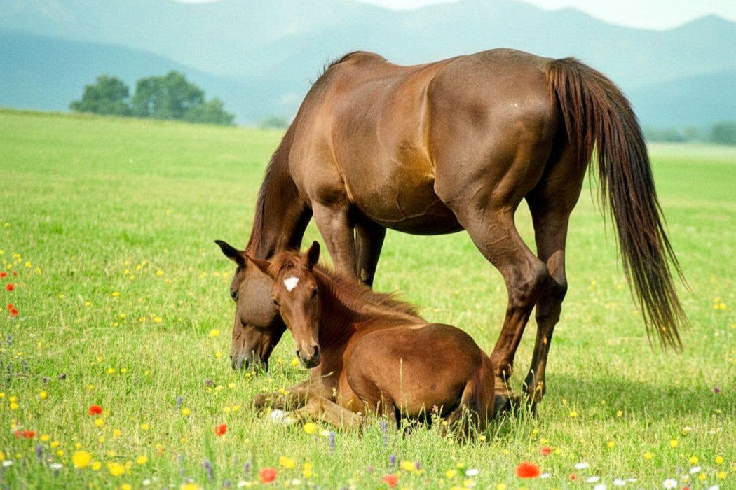 Premium Textil-Leinwand Warmblutstute und Fohlen