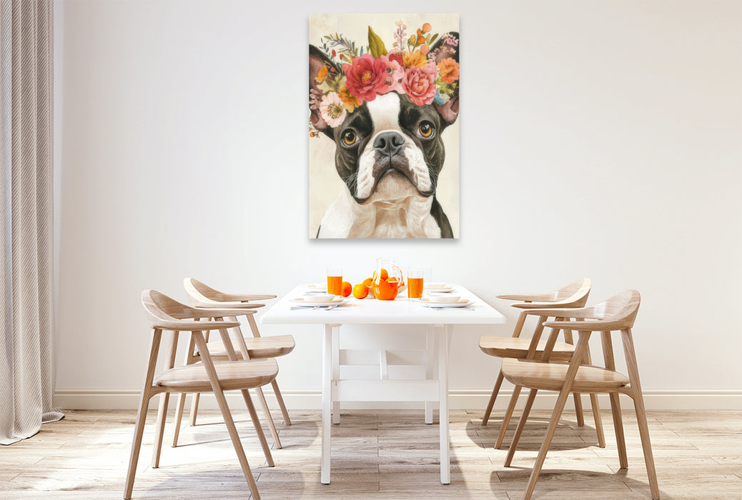 Premium Textil-Leinwand Florale Bulldogge