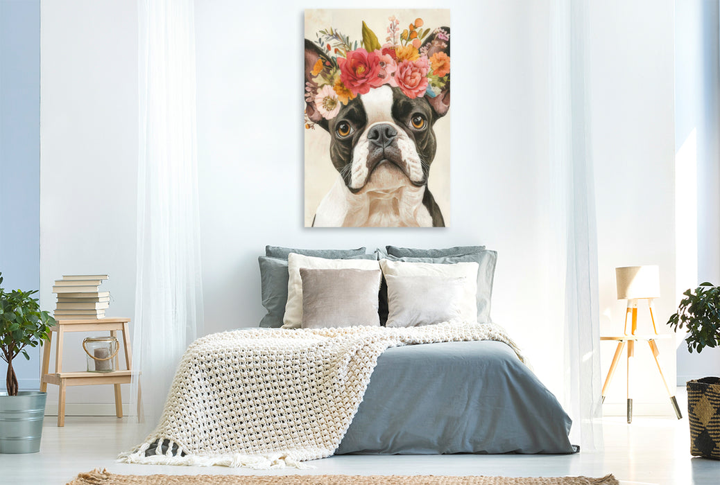 Premium Textil-Leinwand Florale Bulldogge