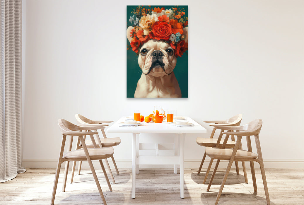 Premium Textil-Leinwand Bulldogge und Blumenprach