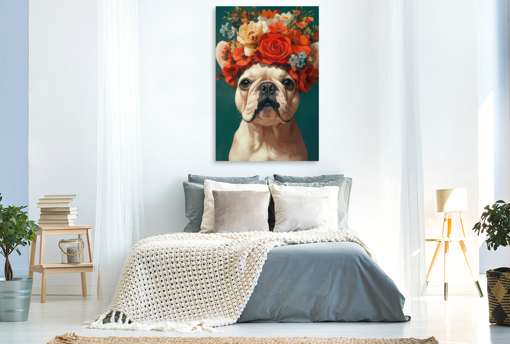 Premium Textil-Leinwand Bulldogge und Blumenprach