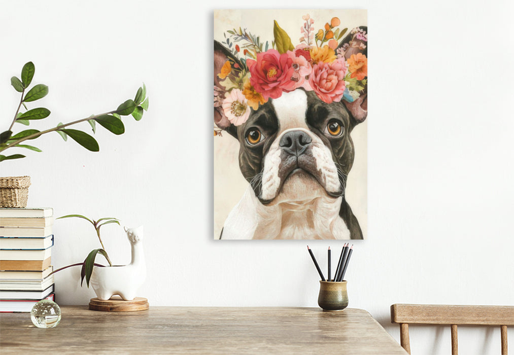 Premium Textil-Leinwand Florale Bulldogge