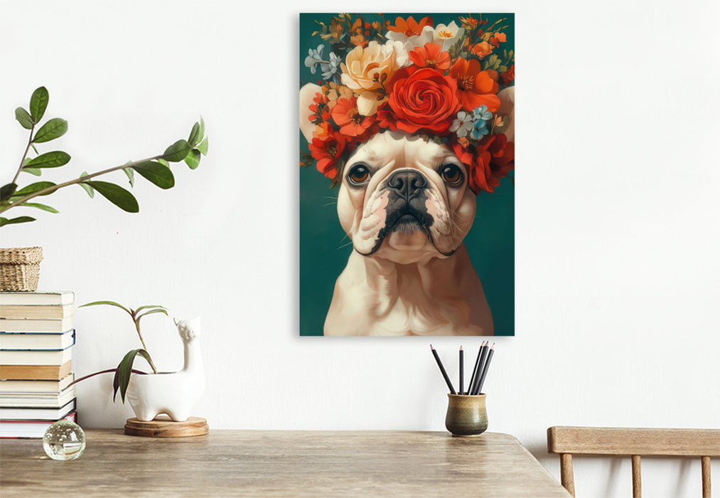 Premium Textil-Leinwand Bulldogge und Blumenprach