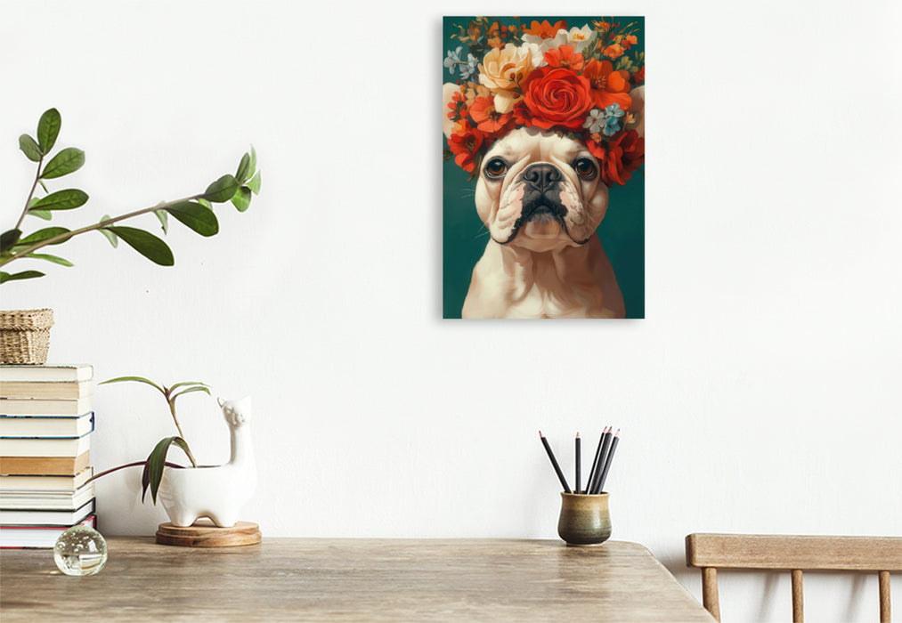 Premium Textil-Leinwand Bulldogge und Blumenprach