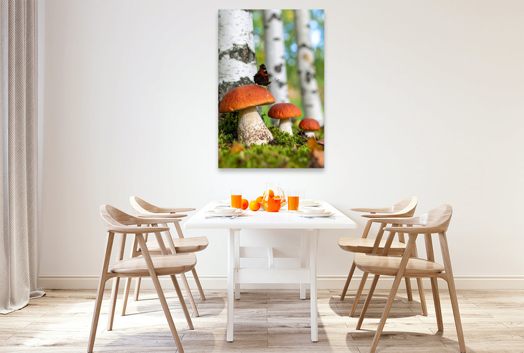 Premium Textil-Leinwand Rotkappen Pilze und Schmetterling