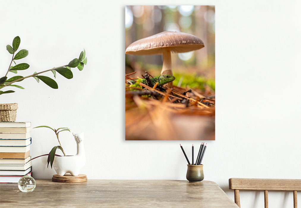 Premium Textil-Leinwand Schirmpilz und Eidechse