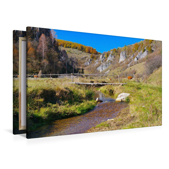 Premium Textil-Leinwand Leben zwischen Wiesen, Wasser und Himmel