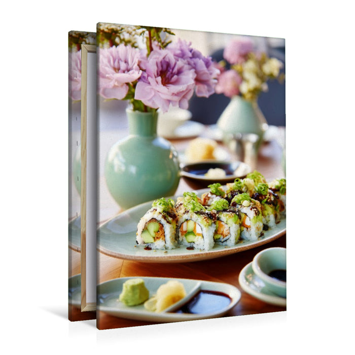 Premium Textil-Leinwand California Roll Sushi Bild mit Blumenarrangement