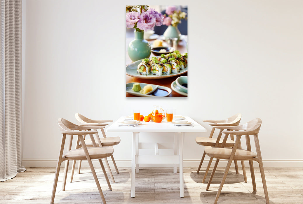 Premium Textil-Leinwand California Roll Sushi Bild mit Blumenarrangement