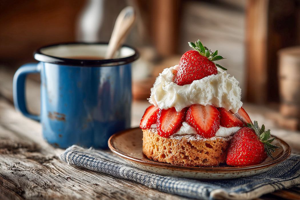 Premium Textil-Leinwand Frisches Erdbeertörtchen mit Sahnehaube und sommerlichem Genussmoment