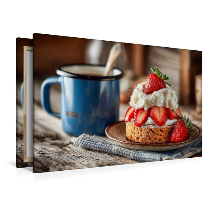 Premium Textil-Leinwand Frisches Erdbeertörtchen mit Sahnehaube und sommerlichem Genussmoment