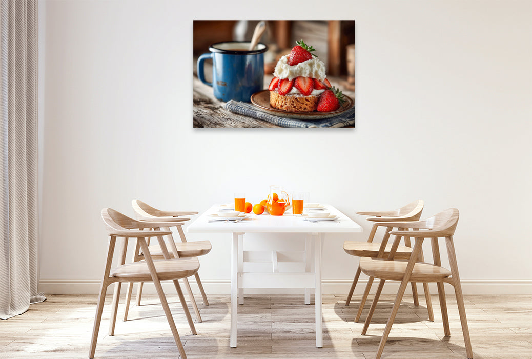 Premium Textil-Leinwand Frisches Erdbeertörtchen mit Sahnehaube und sommerlichem Genussmoment