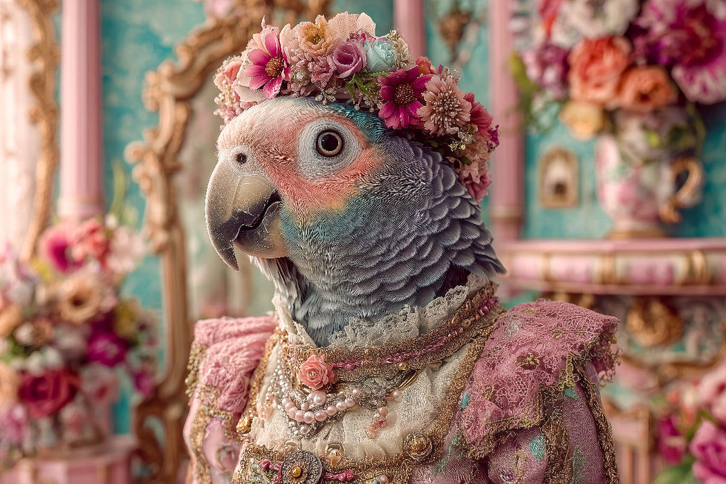 Premium Textil-Leinwand Königlicher Papagei mit Blumenkrone