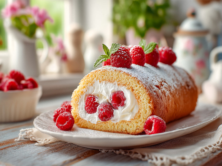 Eine Biskuitrolle mit frischen Himbeeren und cremiger Sahne auf einem Teller - CALVENDO Foto-Puzzle'
