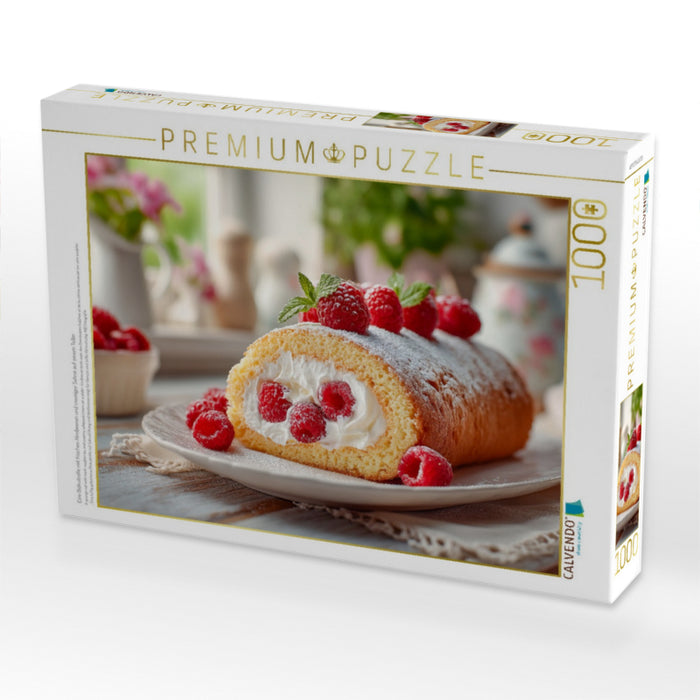 Eine Biskuitrolle mit frischen Himbeeren und cremiger Sahne auf einem Teller - CALVENDO Foto-Puzzle'