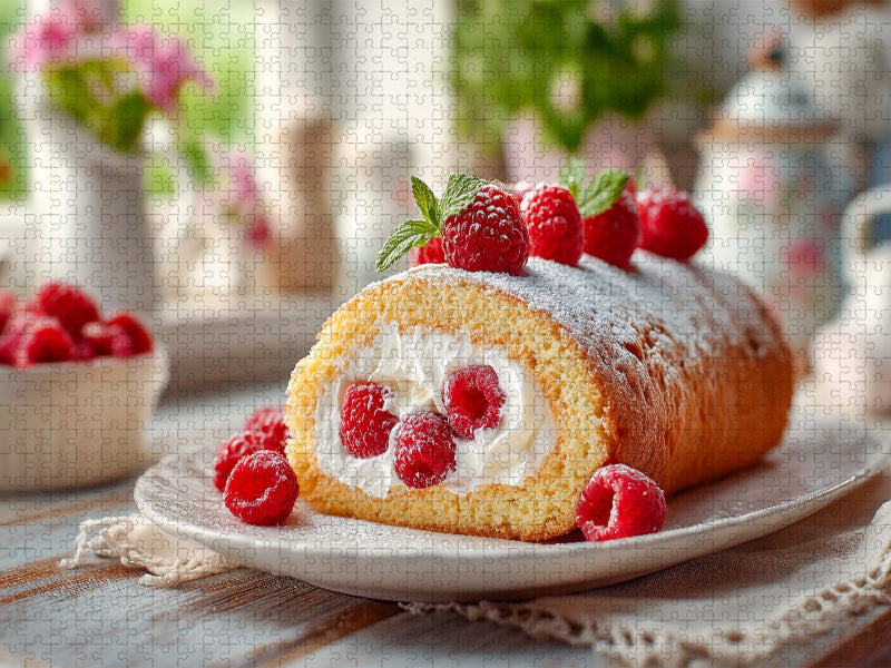 Eine Biskuitrolle mit frischen Himbeeren und cremiger Sahne auf einem Teller - CALVENDO Foto-Puzzle'