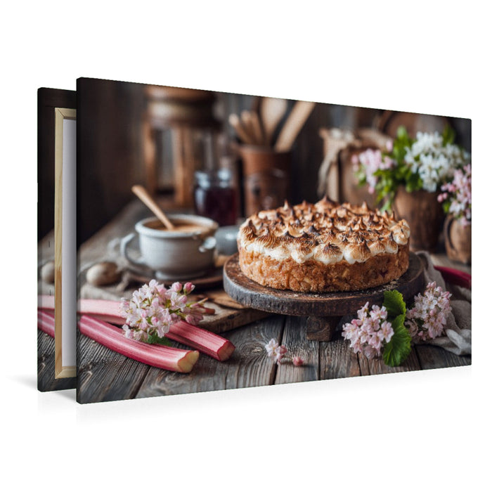 Premium Textil-Leinwand Rhabarberkuchen Bild mit Baiserhaube und Frühlingsblüten