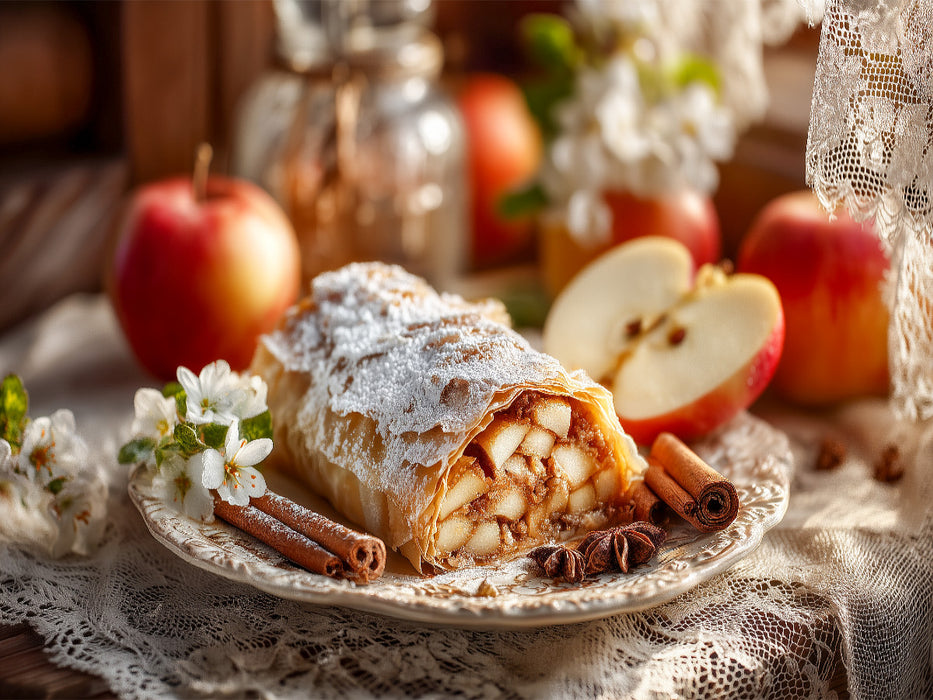 Traditioneller Apfelstrudel mit Zimt und Puderzucker auf rustikalem Teller - CALVENDO Foto-Puzzle'
