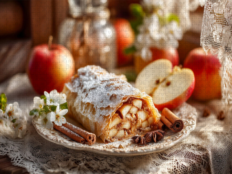 Traditioneller Apfelstrudel mit Zimt und Puderzucker auf rustikalem Teller - CALVENDO Foto-Puzzle'