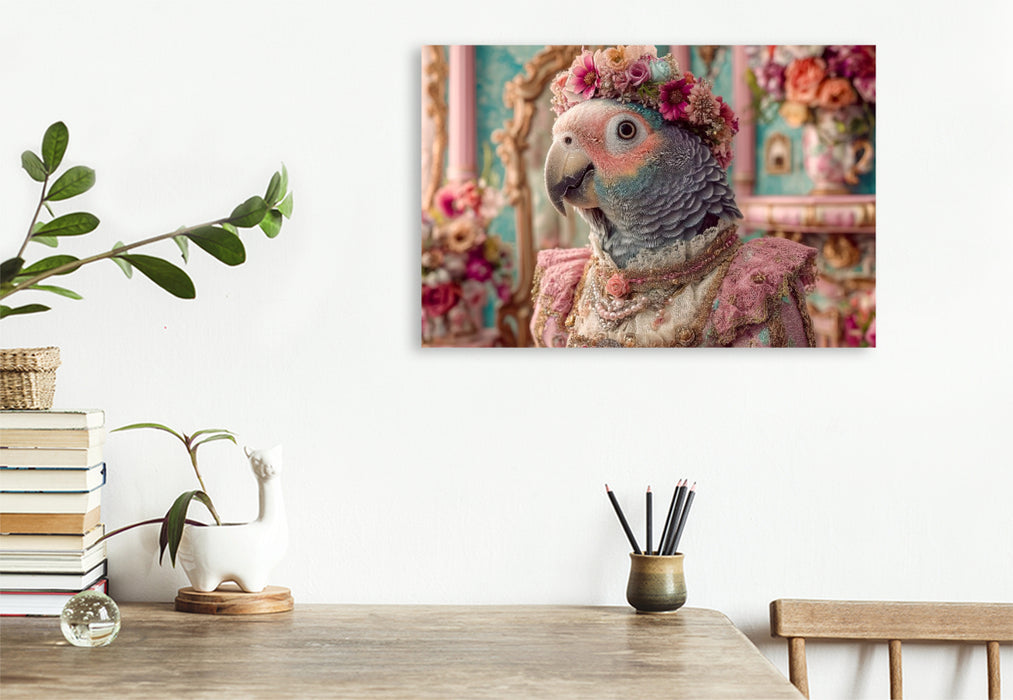 Premium Textil-Leinwand Königlicher Papagei mit Blumenkrone