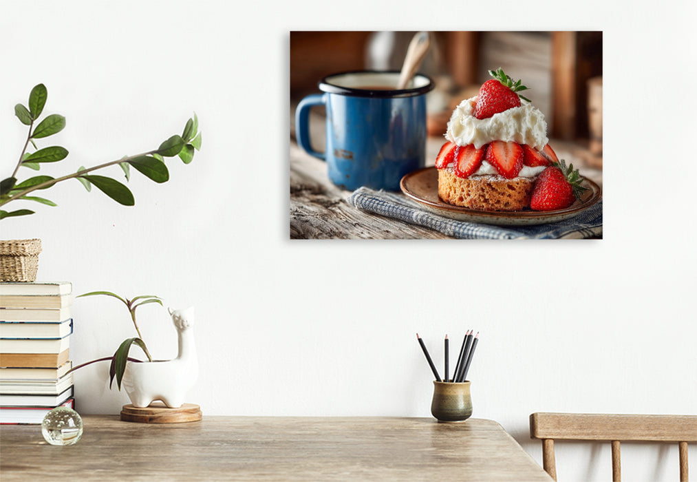 Premium Textil-Leinwand Frisches Erdbeertörtchen mit Sahnehaube und sommerlichem Genussmoment
