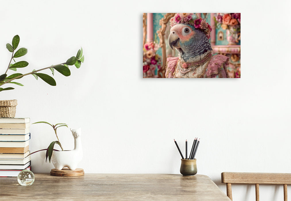 Premium Textil-Leinwand Königlicher Papagei mit Blumenkrone