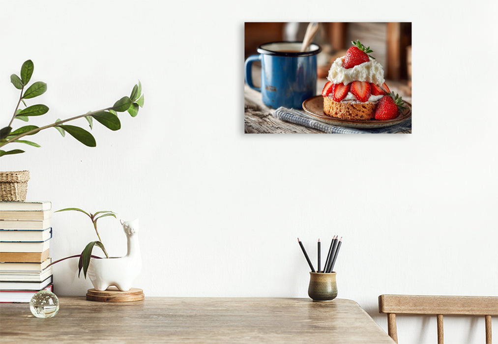 Premium Textil-Leinwand Frisches Erdbeertörtchen mit Sahnehaube und sommerlichem Genussmoment