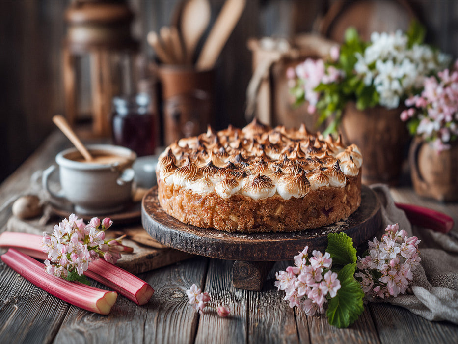 Rhabarberkuchen Bild mit Baiserhaube und Frühlingsblüten - CALVENDO Foto-Puzzle'
