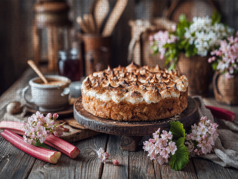 Rhabarberkuchen Bild mit Baiserhaube und Frühlingsblüten - CALVENDO Foto-Puzzle'