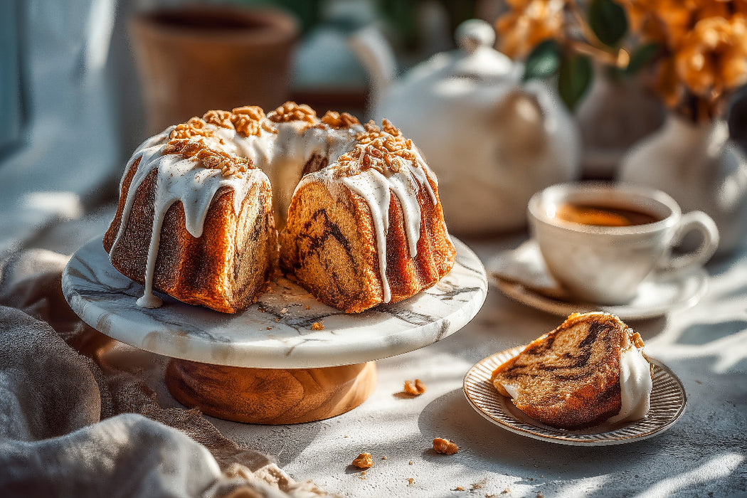 Premium Textil-Leinwand Gugelhupf Bild mit Zuckerguss auf Kuchenteller