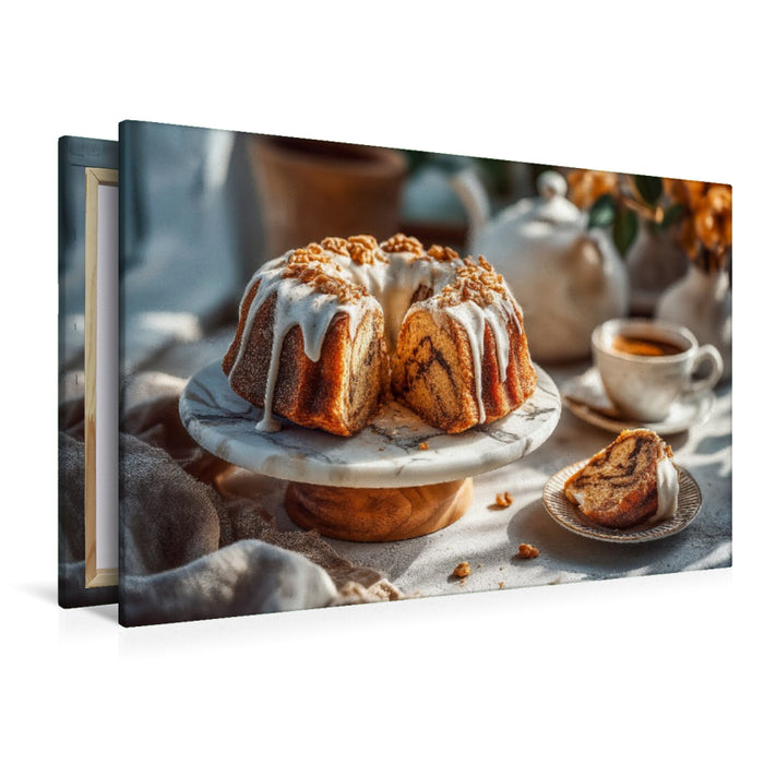 Premium Textil-Leinwand Gugelhupf Bild mit Zuckerguss auf Kuchenteller