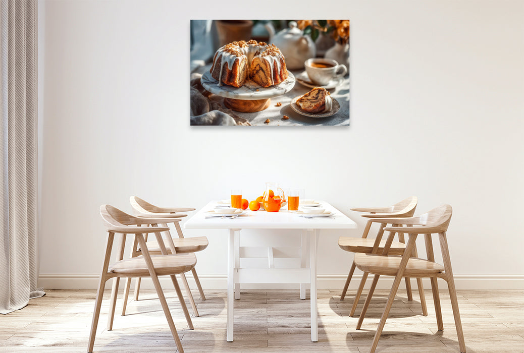 Premium Textil-Leinwand Gugelhupf Bild mit Zuckerguss auf Kuchenteller