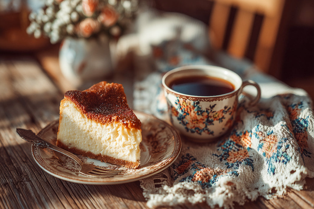 Premium Textil-Leinwand Omas Käsekuchen Bild mit Kaffee auf rustikalem Holztisch