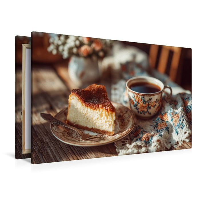Premium Textil-Leinwand Omas Käsekuchen Bild mit Kaffee auf rustikalem Holztisch