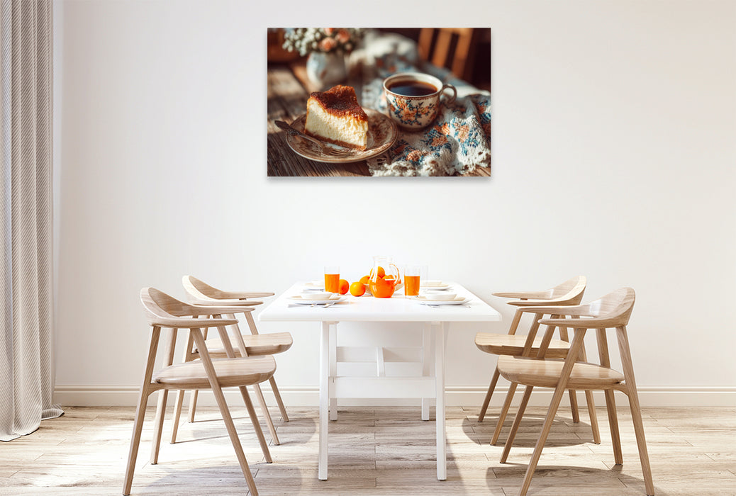 Premium Textil-Leinwand Omas Käsekuchen Bild mit Kaffee auf rustikalem Holztisch