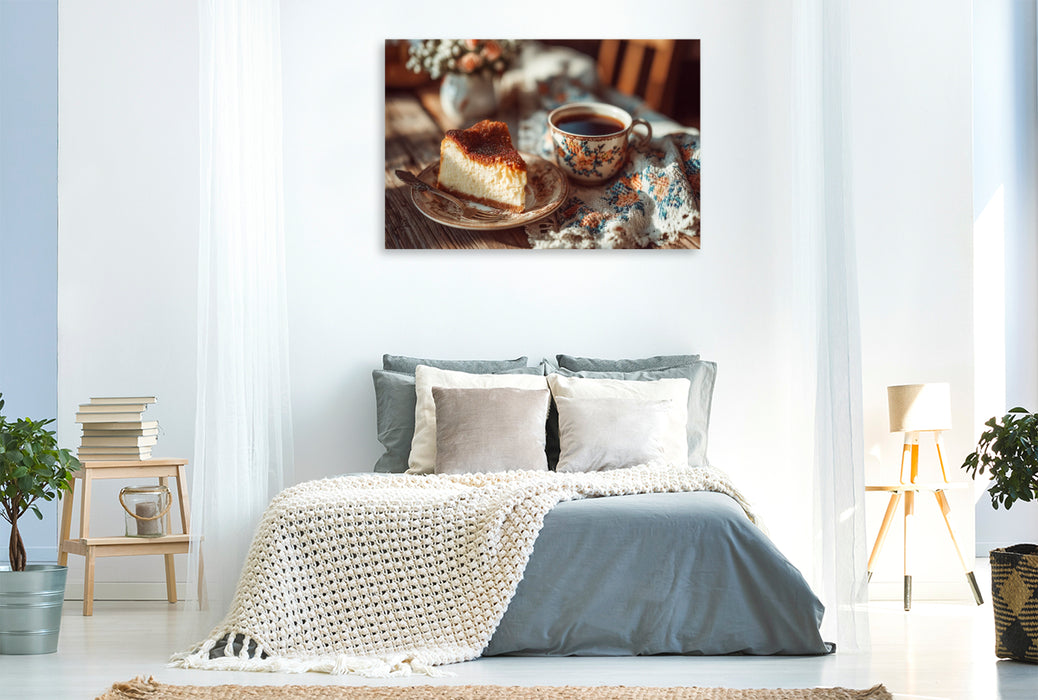 Premium Textil-Leinwand Omas Käsekuchen Bild mit Kaffee auf rustikalem Holztisch