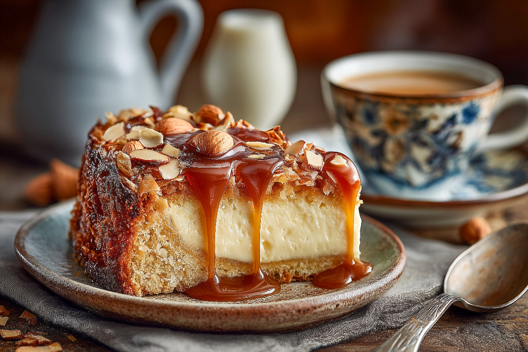 Premium Textil-Leinwand Bienenstich Bild mit Mandeln und cremiger Füllung