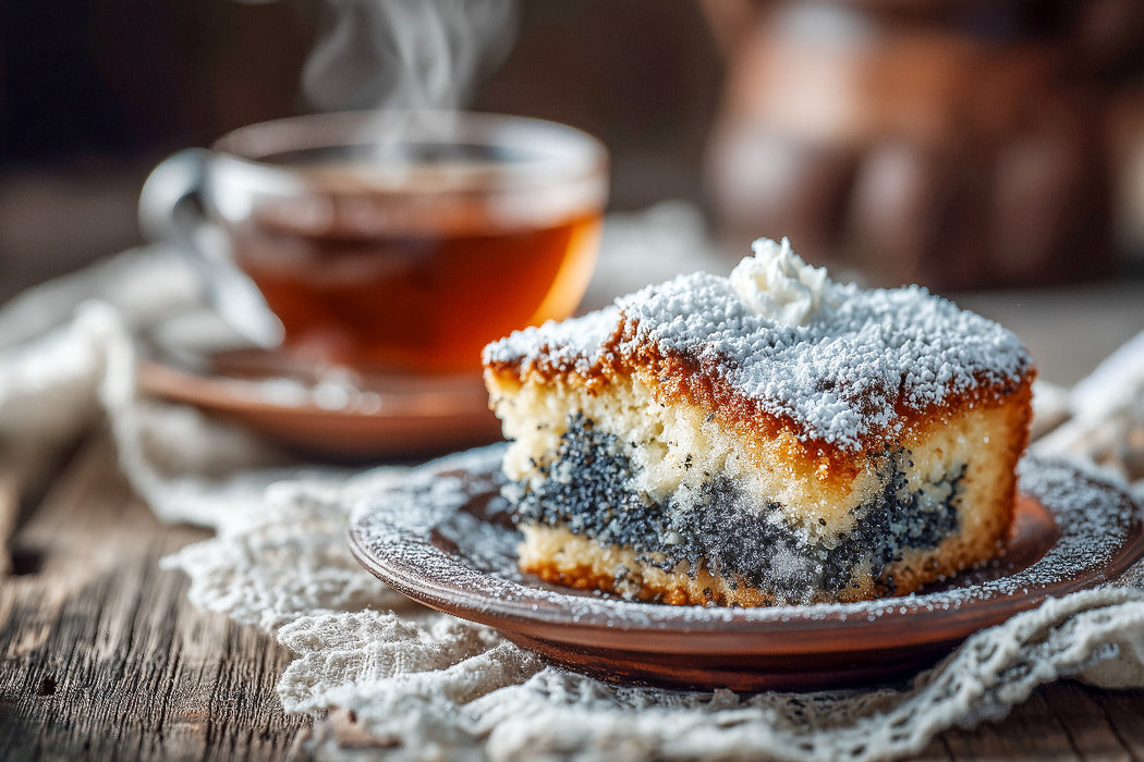 Premium Textil-Leinwand Saftiger Mohnkuchen mit Puderzucker