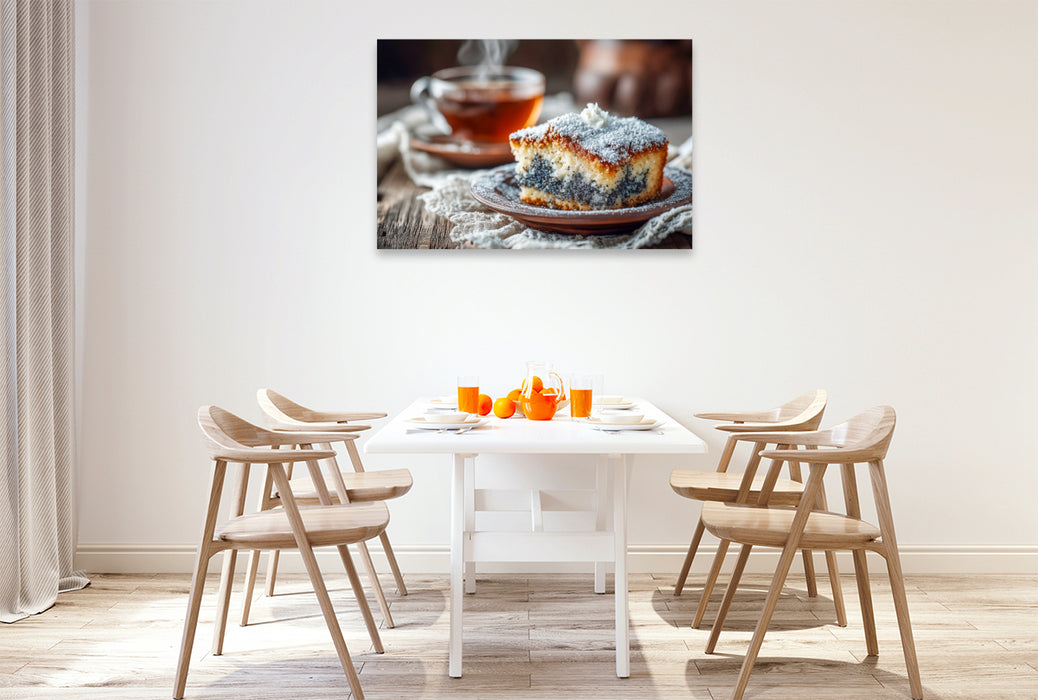 Premium Textil-Leinwand Saftiger Mohnkuchen mit Puderzucker