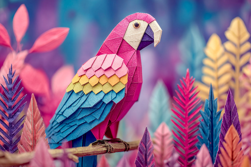 Premium Textil-Leinwand Origami Papagei in buntem Fantasiewald