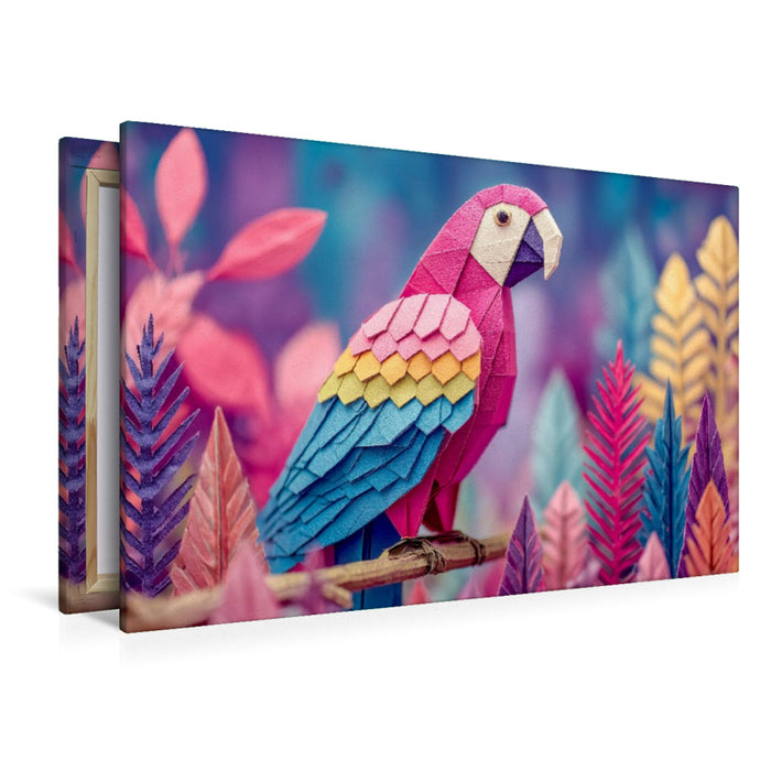 Premium Textil-Leinwand Origami Papagei in buntem Fantasiewald