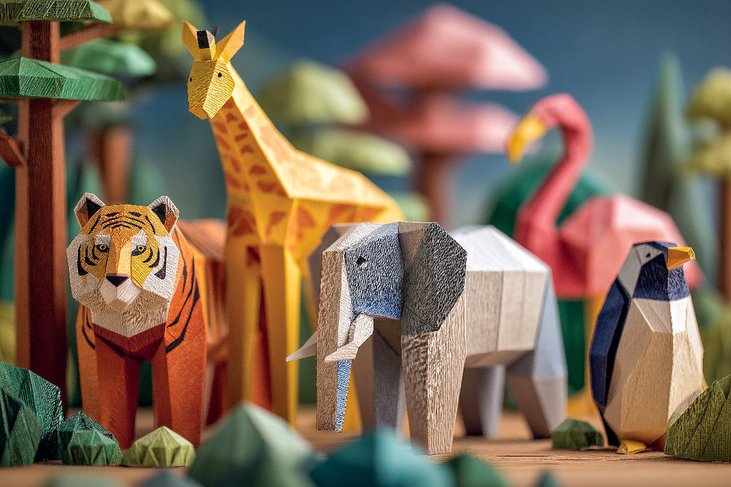 Premium Textil-Leinwand Origami Zoo mit Tiger, Giraffe, Elefant und Flamingo