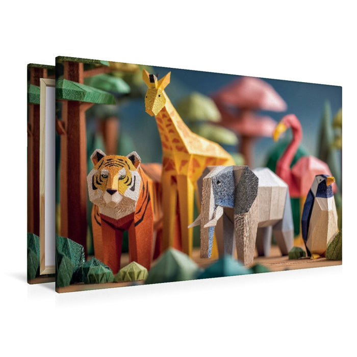 Premium Textil-Leinwand Origami Zoo mit Tiger, Giraffe, Elefant und Flamingo