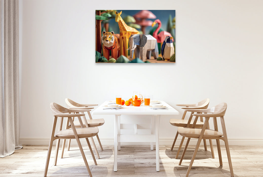 Premium Textil-Leinwand Origami Zoo mit Tiger, Giraffe, Elefant und Flamingo