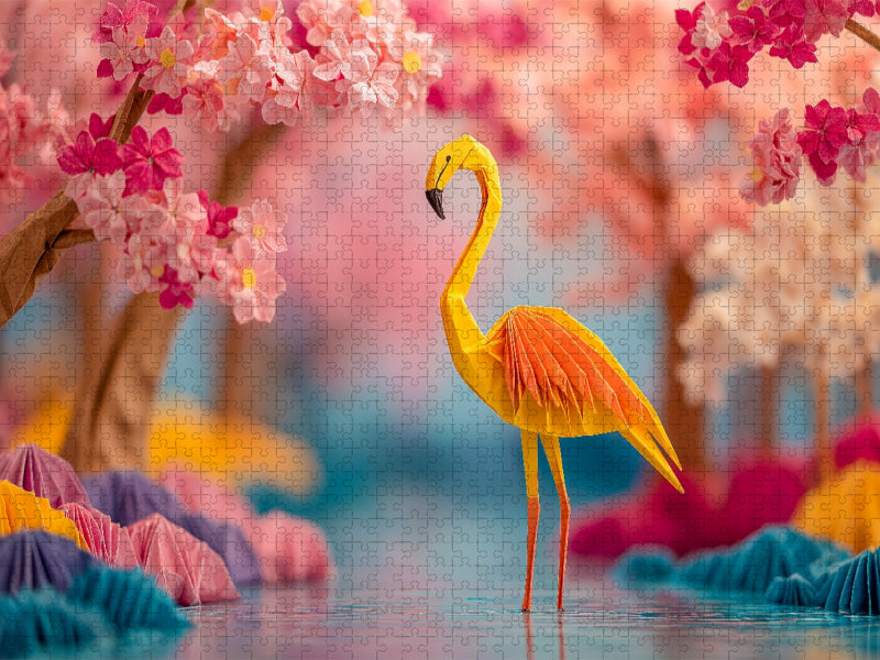 Origami Flamingo in Fantasielandschaft - CALVENDO Foto-Puzzle'