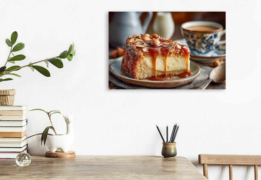 Premium Textil-Leinwand Bienenstich Bild mit Mandeln und cremiger Füllung